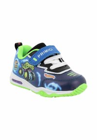 Sneakers blu con accenti verdi presentano un design di monster truck, una linguetta in rete nera e una chiusura in Velcro sopra i lacci bianchi per una facile vestibilità.