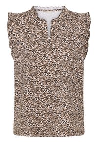 Leopardenmuster-Bluse in Beige und Braun, mit kurzen Rüschensäumen, einem V-Ausschnitt und einer lässigen Passform. Weicher Stoff mit strukturiertem Finish.
