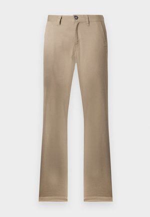 Bež bombažne hlače z ravnimi nogavicami, z enim gumbom za zapenjanje, sprednjimi žepi in zašiti robovi. Gladek tekstura, vsestranski stil.