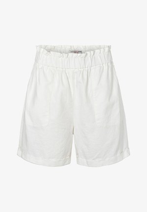 Weiße Leinenshorts mit einem elastischen Bund, ausgestattet mit zwei Fronttaschen und umgeschlagenen Säumen. Der Stoff hat ein leichtes, strukturiertes Aussehen.