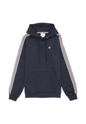 Felpa con cappuccio blu navy con tasca frontale, coulisse, piccolo logo sul petto e dettagli a righe bianche, rosse e blu lungo le maniche.