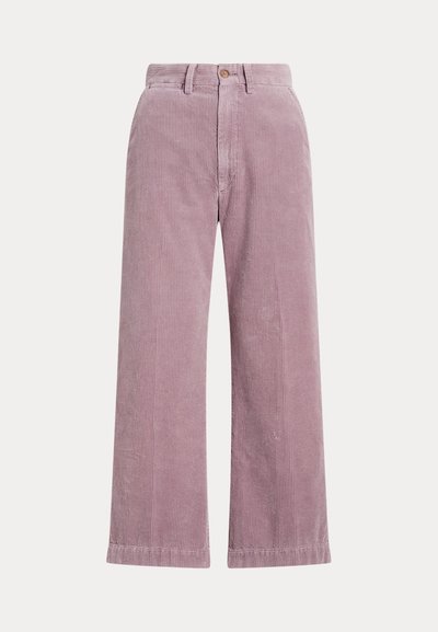 Corduroy wide-leg pants in light mauve with subtle vertical stripes, featuring a button closure and a high waist. Texture appears soft and durable.