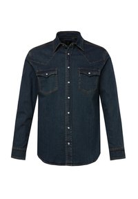 Donkerblauw denim overhemd met lange mouwen, puntige schouders, twee borstzakken en knoopsluitingen. Contrasterende stiksels langs de naden en zakken.