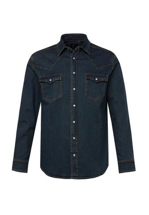 Donkerblauw denim overhemd met lange mouwen, puntige schouders, twee borstzakken en knoopsluitingen. Contrasterende stiksels langs de naden en zakken.
