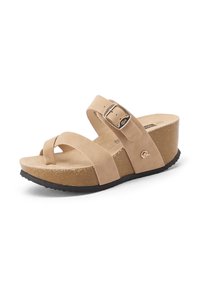 Sandali con zeppa beige dotati di due fasce incrociate e una fibbia regolabile. Sottopiede in sughero imbottito e suola in gomma nera testurizzata.