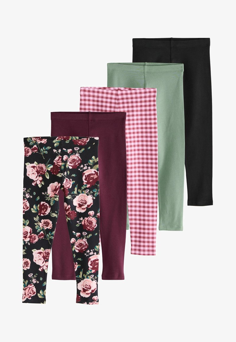 Fünf Paar Kinderleggings in floralen, burgunderfarbenen, pink karierten, grünen und schwarzen Mustern, überlappend angeordnet.