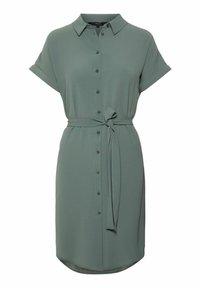 Khakinvihreä midimittainen paitamekko kevyestä kankaasta, jossa napitettava etuosa, lyhyet hihat, solmittava vyötärönauha ja hieman pyöristetty helma.