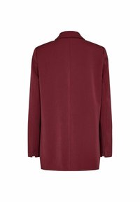 Blazer bordeaux, à simple boutonnage, manches longues, tissu lisse, silhouette structurée, sans accessoires visibles, dos uni.