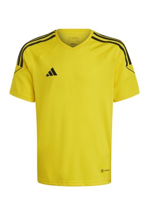 Maillot de foot jaune à manches courtes avec col en V, accent noir rayé sur les épaules et logo AeroReady en bas à droite.