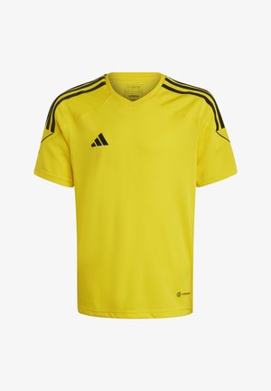 Maillot de foot jaune à manches courtes avec col en V, accent noir rayé sur les épaules et logo AeroReady en bas à droite.
