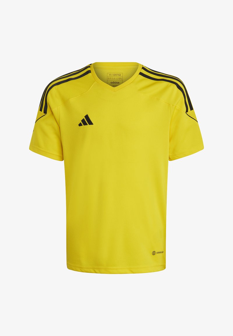 Yellow short-sleeve soccer jersey with V-neck, black striped accents on shoulders, and AeroReady branding on the front bottom right.