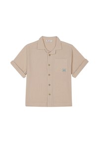 Korte mouwen, beige shirt van gestructureerde stof. Heeft een kraag, een vooraan sluiting met knopen en een linkerkant borstzak met een klein logo.