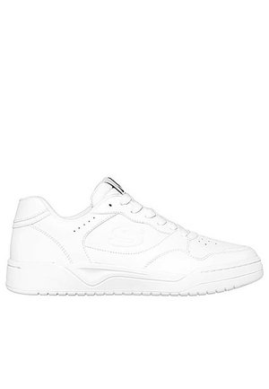 Zapatillas deportivas blancas hechas de cuero sintético, con puntera redonda, suela de goma plana y detalles de acento perforados en los laterales.