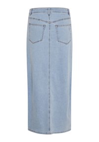 Svetlo modra denim midi krila, naravnost krojena, z dvema zadnjima žepekoma, vidnim šivom in srednjim šivom na zadnji strani.