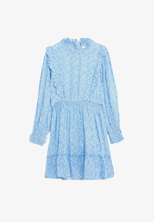 Robe bleue à manches longues avec petit motif floral blanc, ourlet volanté et taille froncée, présentée à plat sur fond blanc.
