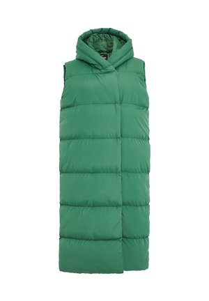 Gilet matelassé vert avec capuche, design sans manches, texture matelassée et coupe mi-longue. Fabriqué en matériau léger et isolant.