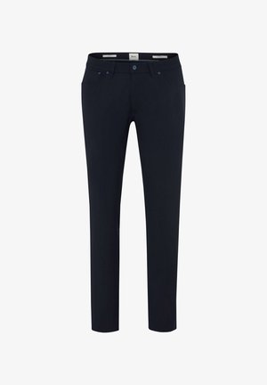 Dunkelblaue Slim-Fit-Hose aus einem Baumwollmischgewebe. Mit Zipper, Knopfverschluss und fünft Taschen. Glatte Textur.