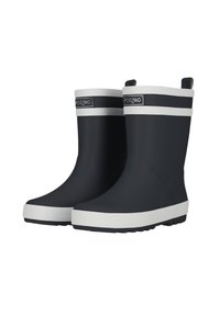 Bottes de pluie en caoutchouc noir avec des bandes blanches en haut et à la semelle, présentant un motif de grip texturé et des poignées de tirage pour un enfilage facile.