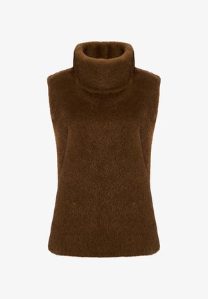 Maglione senza maniche color marrone con texture morbida e pelosa e colletto alto, caratterizzato da una silhouette rilassata e senza hardware o accenti visibili.