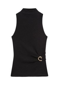 Svart ärmlös topp med hög halsringning, prydd med en vriden detalj på sidan, fäst med en guldring. Slät tygstruktur.