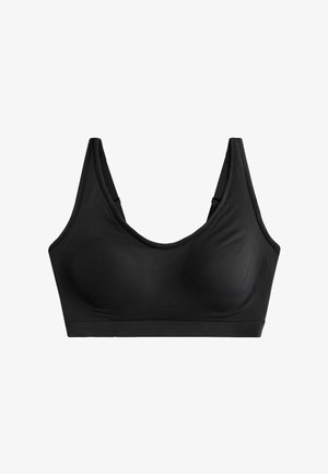 Zwarte naadloze bh met een brede band, een ronde halslijn en brede schouderbanden. Zachte stof met een gladde textuur en een minimalistisch ontwerp.