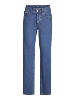 Blå denim jeans med rett ben-design, fem lommer og frontlukking med knapp. Har kontraststing og en jevn tekstur.