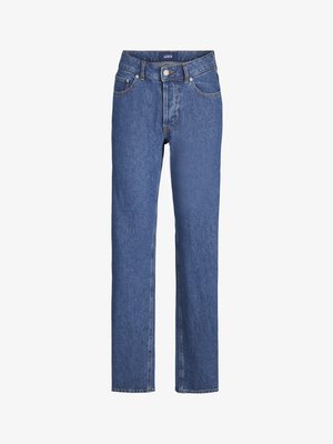 Sinine denimitest tõmblukuga püksid, sirge säärega disain, viis taskut ja ees nööbiga sulgemine. Erakordsed kontrastselt õmblused ja sile tekstuur.