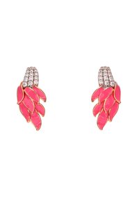 Rosa emaljeøreringe med et bladdesign med gulddetaljer og en øverste sektion prydet med klare rhinsten.
