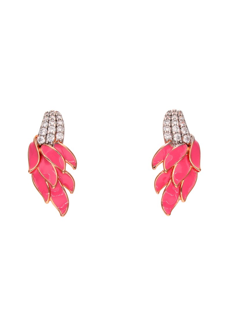 Rosa emaljeøreringe med et bladdesign med gulddetaljer og en øverste sektion prydet med klare rhinsten.