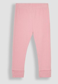 A rózsaszín bordázott leggings puha textúrával, rugalmas derékkal és gombdíszekkel rendelkezik a száraknál. Kényelmes és könnyen viselhető kialakítás.