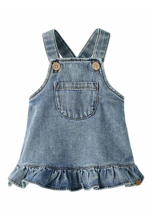 Robe en denim pour tout-petit avec bretelles ajustables, boutons sur le devant, poche centrale et ourlet à volants en tissu bleu clair.