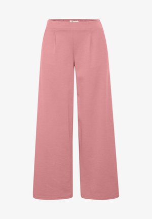 Light pink wide-leg pants made from soft fabric, featuring a stretchy waistband and two front pleats for added design detail.