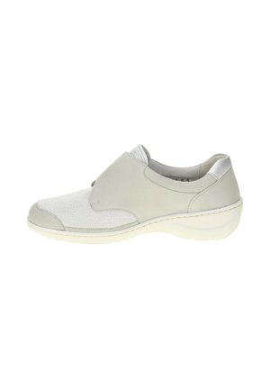 Light gray slip-on shoe with textured toe, smooth side panel, and thick white sole, designed for comfort and casual wear.