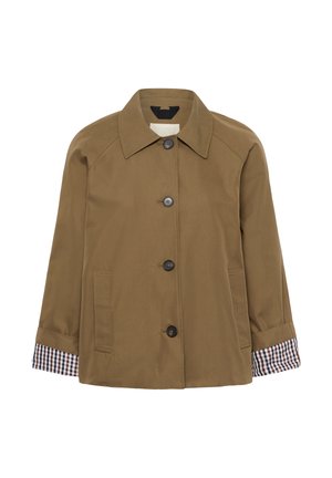 Rjava jakna s kavlji, s poudarjenim ovratnikom, dvema stranskima žepoma in podlogo v karirastem vzorcu, vidno na zavihalih rokavov.