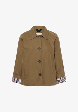 Brown button-up jacket with pointed collar, two side pockets, and checkered pattern lining visible on turned-up cuffs.