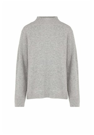 Maglione lavorato a maglia grigio chiaro con maniche lunghe e collo leggermente rialzato, mostrato su uno sfondo bianco uniforme.