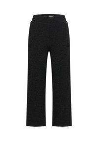 Pantalons larges noirs en tissu texturé, dotés d'une taille ajustée et sans poches, conçus pour un ajustement décontracté.