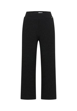 Sorte brede bukser lavet af tekstureret stof, med en tætsiddende talje og uden lommer, designet til en afslappet pasform.