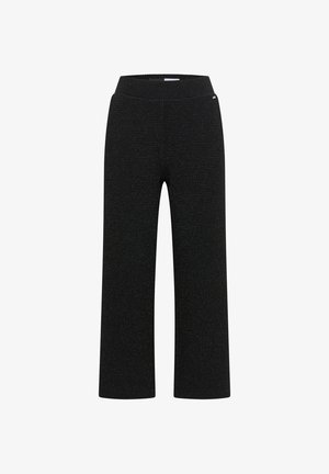Czarne spodnie o szerokich nogawkach, wykonane z teksturowanej tkaniny, z dopasowanym pasem i bez kieszeni, zaprojektowane w luźnym fasonie.