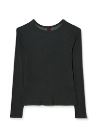 Langarmshirt mit Rundhalsausschnitt aus dunkelgrauem Stoff. Weiche Textur, schlichtes Design, mit geradem Schnitt und ohne sichtbare Muster oder Verzierungen.