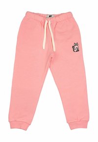 Roze katoenen joggers met een verstelbare tailleband, voorzien van een geborduurd kattenontwerp op de linker bovenbeen en elastische boorden bij de enkels.