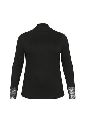 Svart långärmad polotröja i ribbat tyg, med spetsdetaljer vid ärmsluten. Slät yta med figurnära design.