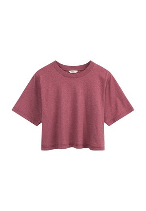 Korte mouwen cropped t-shirt in dusty rose met een ronde hals en een klein maatlabel aan de binnenkant van de kraag.
