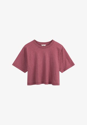 Kurzärmeliges, bauchfreies T-Shirt in staubigem Rosa mit rundem Ausschnitt und einem kleinen Größenetikett im Krageninnenteil.
