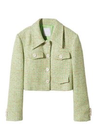 Vihreä, lyhennetty tweed-takki, jossa on tekstuuri ja suuret valkoiset napit, kaksi etutaskua ja nappikoristeet hihoissa.