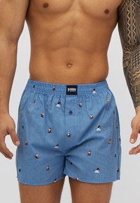Lichtblauwe boxershorts van katoen, met kleine ski-thema patronen, een elastische tailleband en een knoopsluiting aan de voorkant.