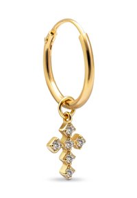 Boucle d'oreille en or avec un pendentif croix, présentant six pierres claires incrustées dans la croix. Texture métallique lisse, design simple.