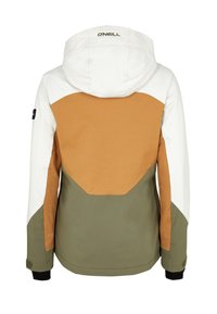 Back view of a color-blocked jacket featuring white, orange, and olive green panels. Smooth fabric, adjustable hood, and black accents.