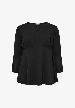 Czarna bluzka z długim rękawem z dekoltem w kształcie litery V oraz marszczeniem pod biustem, o luźnej sylwetce i miękkim, strukturalnym materiale.