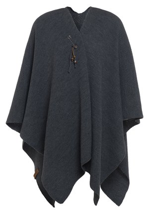 Donkergrijze poncho van textuurstof, met een v-hals, losse mouwen en een decoratieve strik met een houten kraal.